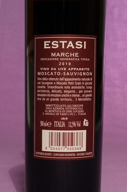 Etichetta posteriore del vino estasi da 500ml dell'azienda vinicola La Montata