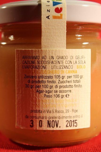 Etichetta posteriore della confezione da 106 grammi di confettura extra di zenzero dell'azienda Le Ville