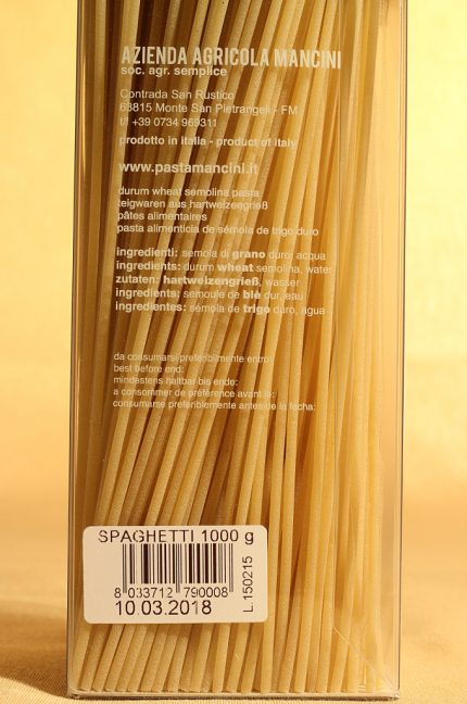 Etichetta degli spaghetti in astuccio da 1 chilogrammo dell'azienda agricola Mancini