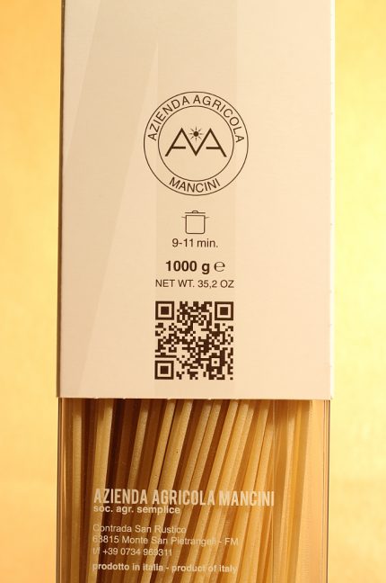 Etichetta posteriore degli spaghetti in astuccio da 1 chilogrammo dell'azienda agricola Mancini