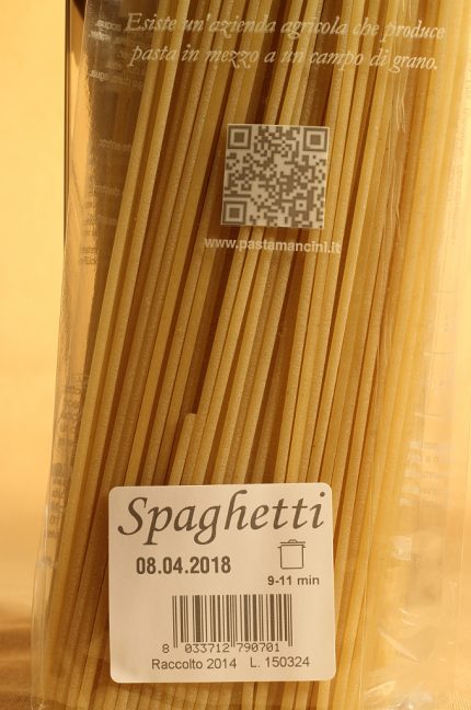 Etichetta degli spaghetti in busta da 500 grammi dell'azienda agricola Mancini