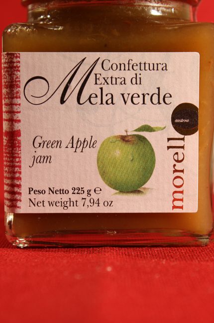 Etichetta anteriore della confezione da 225 grammi di confettura extra di mela verde di Morello Austera