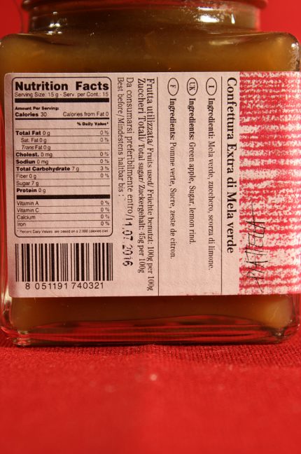 Etichetta posteriore della confezione da 225 grammi di confettura extra di mela verde di Morello Austera