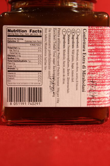 Etichetta posteriore della confezione da 225 grammi di confettura extra di mirabolani di Morello Austera