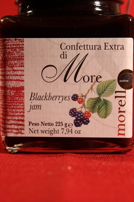 Etichetta anteriore della confezione da 225 grammi di confettura extra di visciole di Morello Austera
