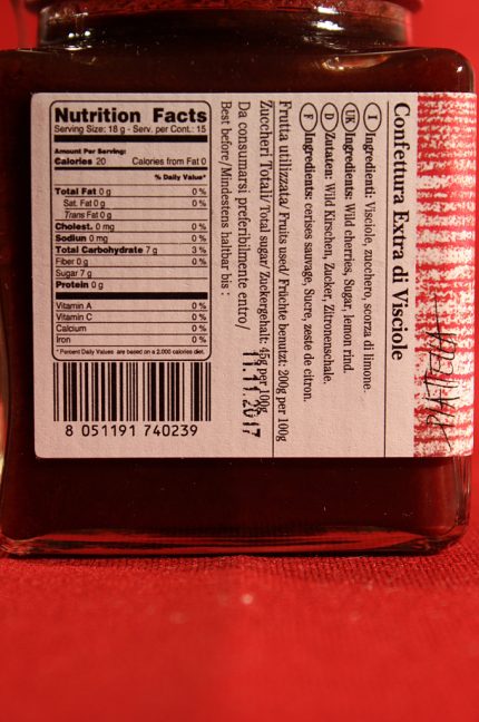 Etichetta posteriore della confezione da 225 grammi di confettura extra di visciole di Morello Austera