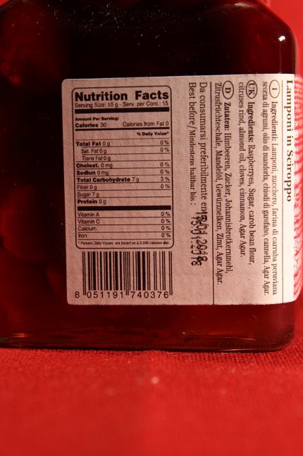 Etichetta posteriore della confezione di lamponi in sciroppo di Morello Austera