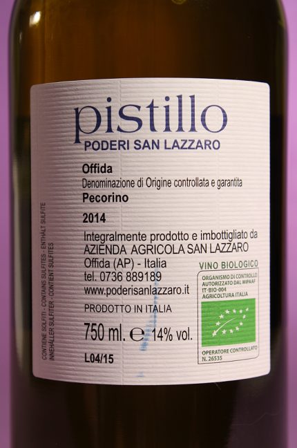 etichetta posteriore del vino Pistillo dell'azienda agricola Poderi San Lazzaro