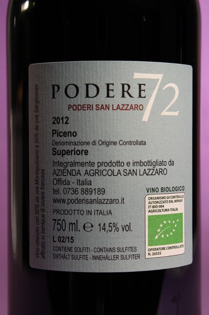 etichetta posteriore del vino Podere 72 dell'azienda agricola Poderi San Lazzaro
