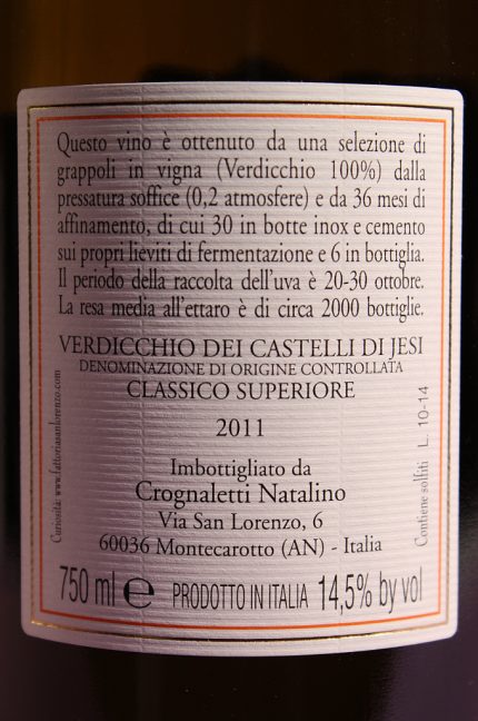 etichetta posteriore del vino campo delle oche 2011 da 750 millilitri dell'azienda agricola Fattorie San Lorenzo