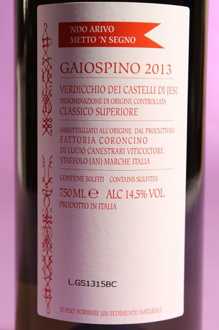 etichetta posteriore del vino gaiospino 2013 da 750 millilitri dell'azienda agricola Fattoria Coroncino