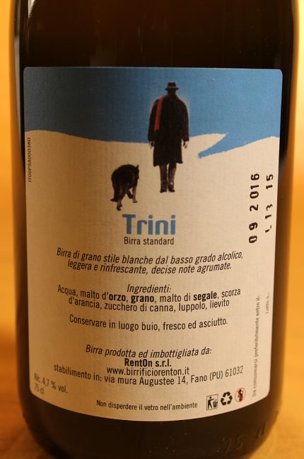 etichetta posteriore della birra trini da 750 millilitri del birrificio RentOn di Fano in provincia di Pesaro e Urbino