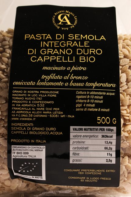 etichetta della pasta seme di melone in confezione da 500 grammi dell'azienda agricola allevi maria letizia