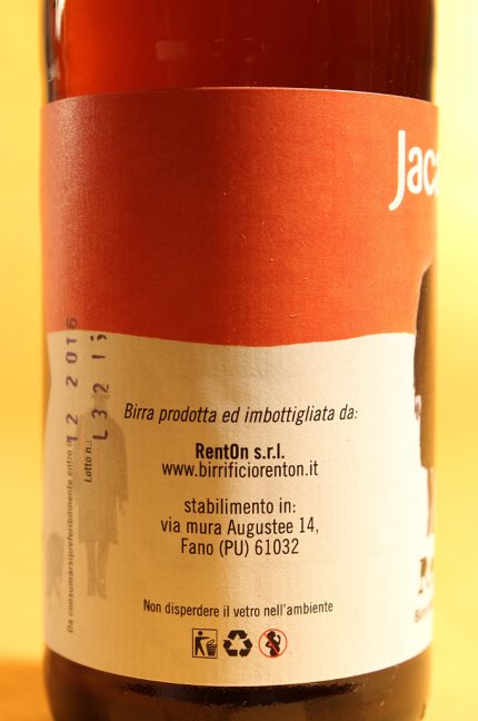 Etichetta posteriore della birra Jacaranda da 33 cl del birrificio RentOn di Fano