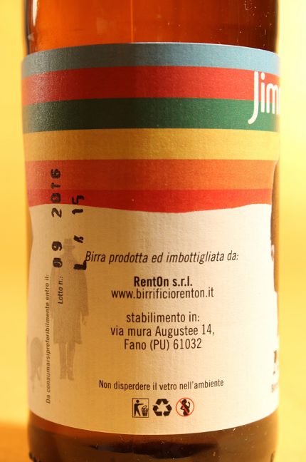 Etichetta laterale della birra Jimmy Pale da 33 cl del birrificio RentOn di Fano