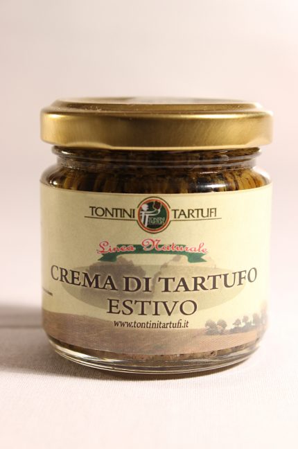 Etichetta della crema di tartufo nero estivo 90g di Tontini Tartufi. Tartufi al 100%
