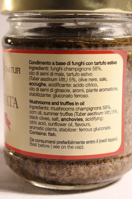 Etichetta posteriore della tartufata da 170g dell'azienda Tontini Tartufi