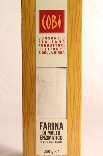 Etichetta della farina di malto enzimatico di orzo nudo Curalta in confezione da 350g prodotta dal consorzio Cobi