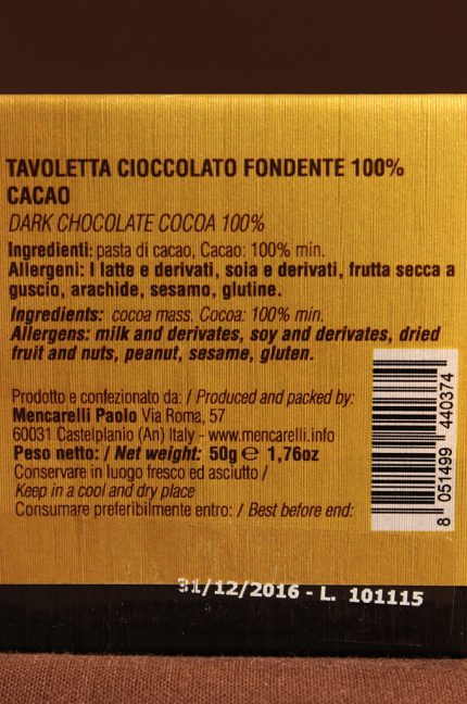 Tavoletta 50g cioccolato extra fondente 100%