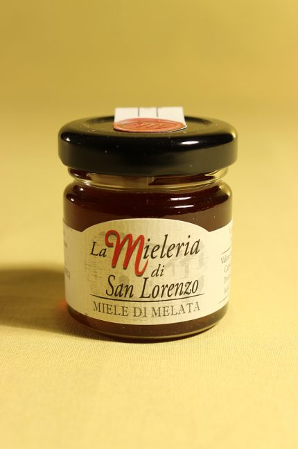Etichetta del miele di melata 40 grammi della Mieleria San Lorenzo di San Lorenzo in campo (PU)
