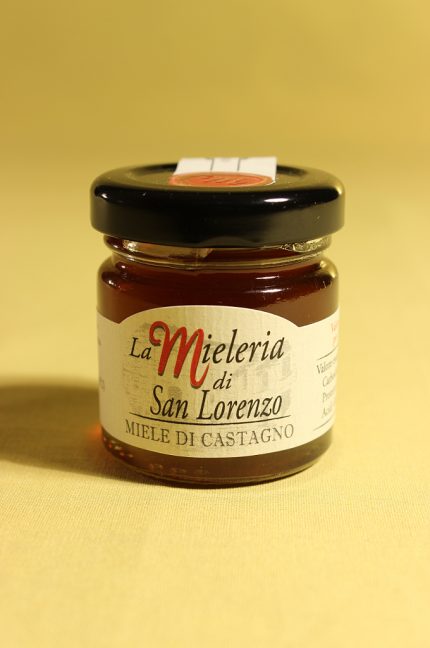 Etichetta del miele di castagno 40 grammi della Mieleria San Lorenzo di San Lorenzo in campo (PU)
