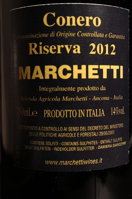 Etichetta posteriore del vino rosso Conero Riserva Villa Bonomi 2012 dell'azienda agricola Marchetti di Pontelungo (Ancona)