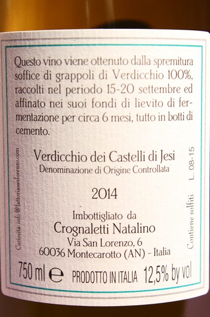 Etichetta posteriore del vino di gino 2014 da 750 millilitri dell'azienda agricola Fattorie San Lorenzo