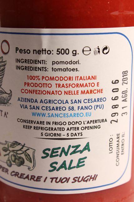 Etichetta posteriore della Passata di Pomodoro Conserva 500g - San Cesareo