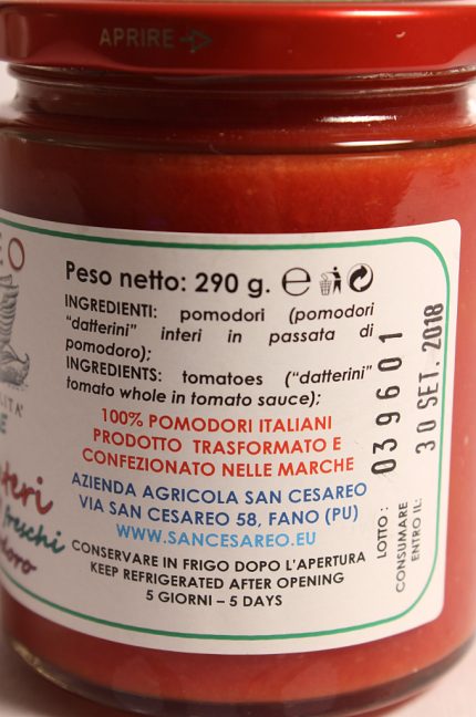 Etichetta laterale della confezione di Datterini Interi in Passata di Pomodoro 290g - San Cesareo