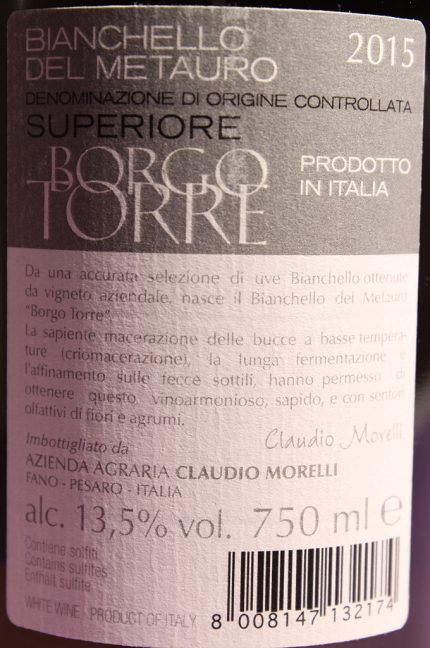 Etichetta posteriore del vino Borgo Torre, Bianchello del Metauro dell'azienda agricola Claudio Morelli